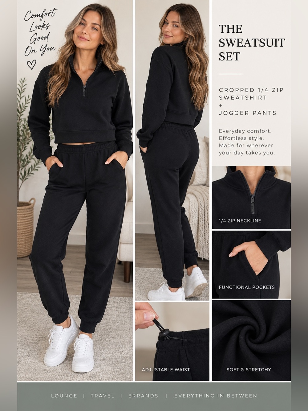 🔹90 Degree By Reflex Black Cropped 1/4 Zip Sweatshirt & Joggers